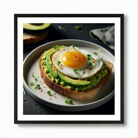 "A delectable breakfast of champions, featuring a golden fried egg artfully nestled atop a bed of creamy avocado🥑🍞, all lovingly embraced by a slice of crusty whole wheat toast. The toast is adorned with a sprinkle of aromatic spices, adding a delightful touch of flavor to every bite. The dish is elegantly presented on a ceramic plate, inviting you to savor the perfect balance of textures and flavors in each forkful. Whether you're starting your day with a hearty breakfast or treating yourself to a delightful brunch, this culinary masterpiece is sure to delight your taste buds and nourish your soul. Art Print