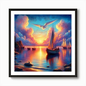 Sunset Sailboats Art Print