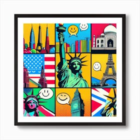 Smiley World: A Pop Art Collage of Famous Landmarks Art Print