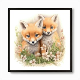 Foxes In Flowers Art Print