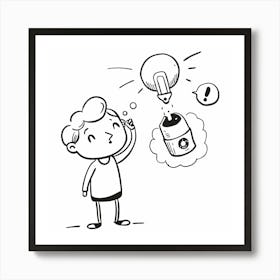 Doodle Drawing Of A Boy With A Light Bulb Art Print