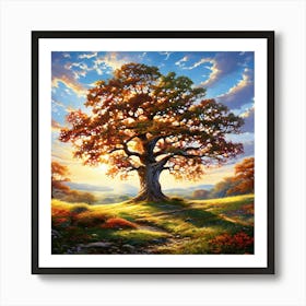 Majestic Oak Tree With Sprawling Branches Located In The Center Of A Serene Meadow Sunlight Filter 445022442 (2) Art Print