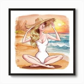 Beach Girl In Hat Art Print