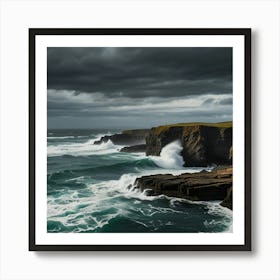 A Dramatic Cliffside Overlooking A Turbulent Ocean With Waves Crashing Against The Rocks Art Print