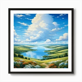 Cumulus Clouds Cotton Like In Texture Dominate The Expansive Azure Sky While A Serene Landscape Un (1) Art Print