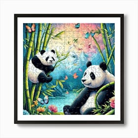 Abstract Puzzle Art Bamboo and Panda Art Print