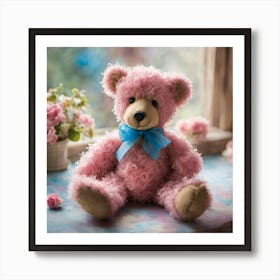 Happy Pink Teddy With Blue Ribbon Art Print