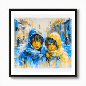 Two Children In Blue Coats Art Print