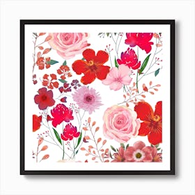 Seamless Red and Pink Floral Pattern Art Print