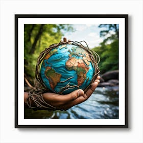 A Hand Of Earthy Brown Weaves Cradling A Detailed Miniature Globe Veins And Tendons Popping Against (1) Art Print