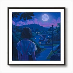 Girl Looking At The Moon Art Print