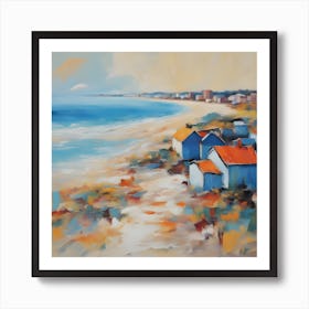 Blue Houses On The Beach Painting Art Print