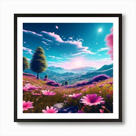 Pink Flowers, Tropical Landscape With Palm Trees, blue sky, wall art, trees, flowers, and sun. good look, Art Print