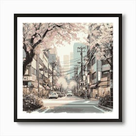 "Sakura Boulevard" | Sakura, Cherry Blossoms, Tokyo, Japan, Artwork, Wall Art, Watercolor, Nature, Aesthetic, Zen, Lofi, Anime Art Print