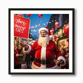 A Festive Christmas Scene With A Cheerful Man Dressed As Santa Claus Holding A Sign Fingers Pointin (4) Art Print