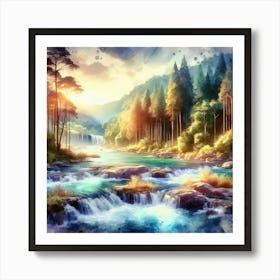 Watercolor Of A Waterfall 3 Art Print