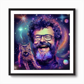 Terence McKenna with cat in space, trippy art Art Print