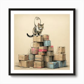 Cat On A Stack Of Boxes Art Print