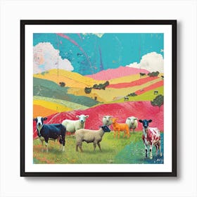 Rainbow Farm Animals In The Field Art Print