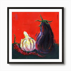 Chilli, Garlic And Aubergibe Art Print