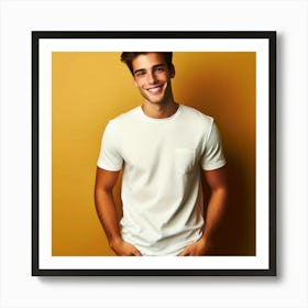 A handsome young man with dark hair and a bright smile is wearing a white t-shirt and jeans. He is standing with his hands in his pockets and is looking at the camera. The background is a bright yellow color. Art Print