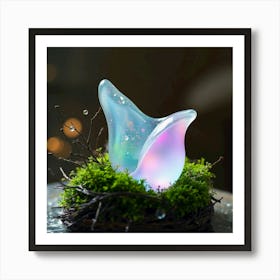 "Lumina Bloom: A Symbiotic Radiance" presents a captivating interplay between the ethereal and the grounded. At its center, a meticulously shaped glass form unfolds like a nascent blossom or a gently curved leaf. Its translucent surface radiates with an inner light, scattering and bending surrounding illumination into a captivating spectrum of soft hues – gentle blues transitioning into tender pinks and subtle violets, sprinkled with luminous particles that resemble captured starlight. This radiant centerpiece rests nestled within a lush cushion of vibrant emerald green moss, its rich texture offering a striking yet harmonious counterpoint to the smooth, cool glass. Slender, bare twigs extend from the moss, their starkness accentuating the delicate and transient beauty of the central form. Glistening water droplets hover in the surrounding space, each a tiny lens reflecting the light and adding an element of fleeting enchantment to the scene. The composition is a study in contrasts: hard and soft, transparent and opaque, vivid and subdued, suggesting a delicate equilibrium within a miniature world. This artwork delves into the harmonious connection between seemingly contrasting elements. The fragile, light-filled glass embodies the delicate beauty and transient nature of existence, perhaps alluding to dreams, emotions, or the fleeting passage of time. The moss, rooted and vibrant, symbolizes strength, growth, and the enduring vitality of nature. The twigs hint at vulnerability and the cyclical rhythm of life, while the water droplets evoke a sense of purity, renewal, and the preciousness of life's vital elements. The title, "Lumina Bloom," emphasizes the radiant and unfolding nature of the central glass form, while "Symbiotic Radiance" underscores the interconnectedness and mutual flourishing between the glass and the moss. The artwork as a whole invites reflection on the beauty found in fragility, the inherent strength of nature, and the delicate balance that sustains life in its diverse forms. It acts as a silent poem, speaking of fleeting moments, quiet unfolding, and the luminous beauty that can arise from unexpected partnerships. Art Print