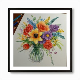 Watercolor Flowers In A Vase Art Print