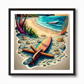 Beach Scene A Sailing Ship In The Foreground Art Print