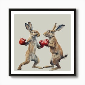 Watercolour Sparring Hares with Boxing Gloves Art Print