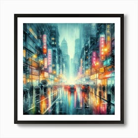 Rain Soaked Cityscape With Neon Lights Reflecting On Wet Pavement (2) Art Print