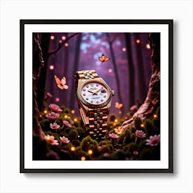 Rose Gold Rolex Watch In The Forest Art Print