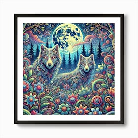 Psychedelic Painting Art Of Wolf In The Forest With Wild Plants And Flowers Art Print