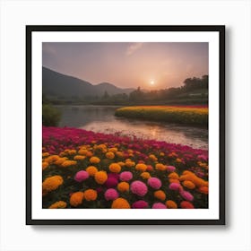 Sunset In A Flower Field 1 Art Print