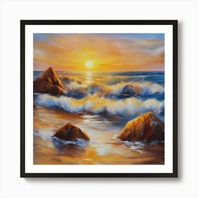 The sea. Beach waves. Beach sand and rocks. Sunset over the sea. Oil on canvas artwork.19 Art Print