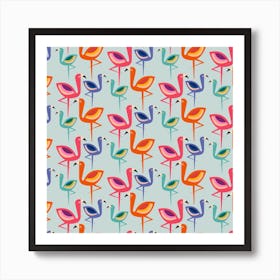 Flamingo Party Pattern Square Art Print