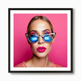 Firefly Blue Eyes, Fashion, Pink Glasses, Pink Lips, Pink Background, Glass Lens, Stylish, Vibrant, (11) Art Print