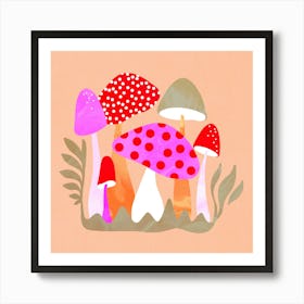 Mushroom Friends all shapes and sizes Pink Red Peach fuzz Poster