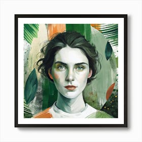 Girl With Green Leaves Art Print