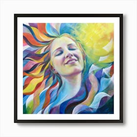 Whimsical Bliss: Colorful Painting of a Woman with Closed Eyes and a Peaceful Smile. Art Print