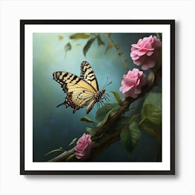 Butterfly On Roses Art print Art Print