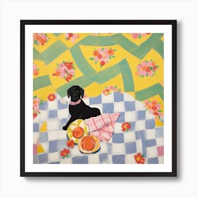 Pastel Colours Black Dog In A Picnic Blanket Art Print