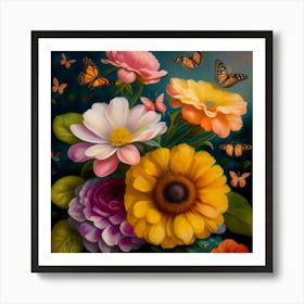 Flowers And Butterflies Art Print