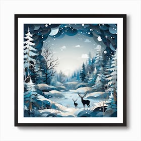 Winter Landscape With Deer 3 Art Print