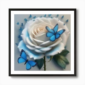 White Rose With Blue Butterflies Poster