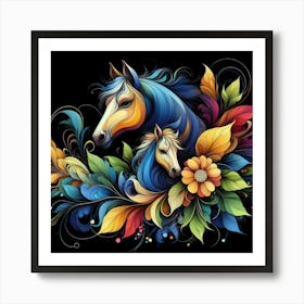 Colorful Horse And Flowers Art Print