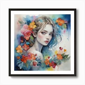 Watercolor Of A Girl With Flowers art print Art Print