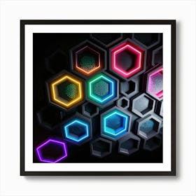 Hexagonal shapes with neon lights, futuristic, cyberpunk, background 12 Art Print