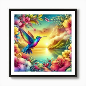 Hummingbird tropical flowers. Landscape a sunset in the sea Art Print