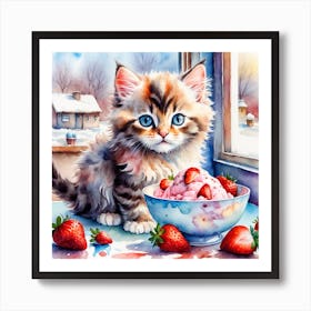 Kitten With Strawberries Art Print