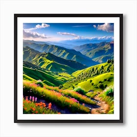 Mountain Landscape With Flowers Art Print